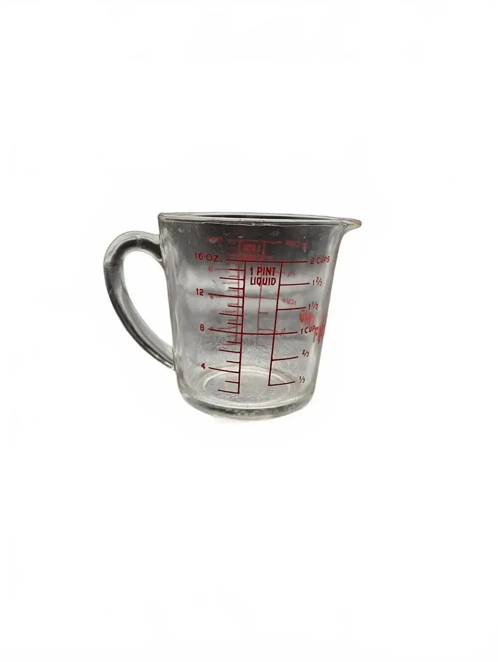 Vintage Fire King #498 2 Cup Glass Measuring Cup D Handle Red lettering Perfect
